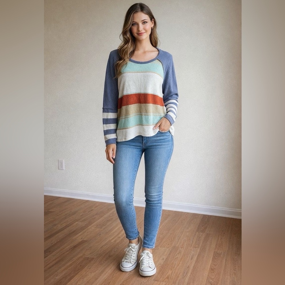 We The Free Cozy Multicolor Striped Knit Sweater Medium | Cropped | Boho